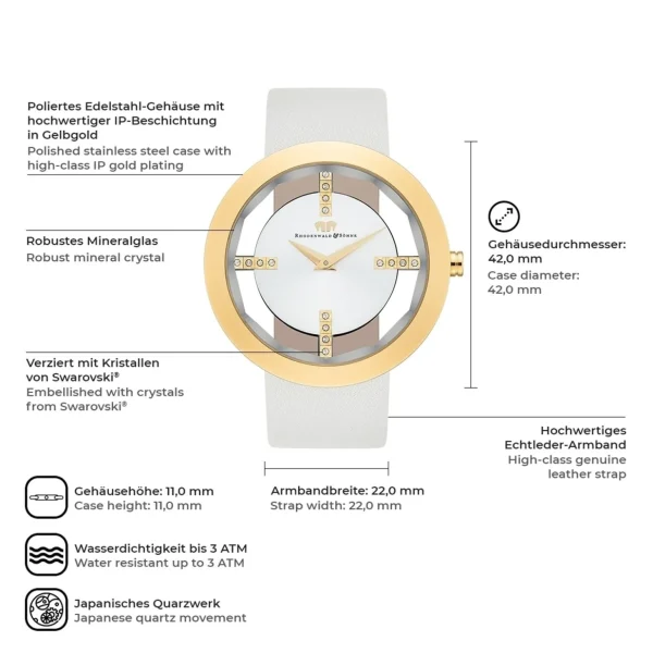 Dameshorloges>Rhodenwald & Söhne Rhodenwald & Sohne Quartz Horloge Lucrezia In Geelgoud Echt Leer In Wit